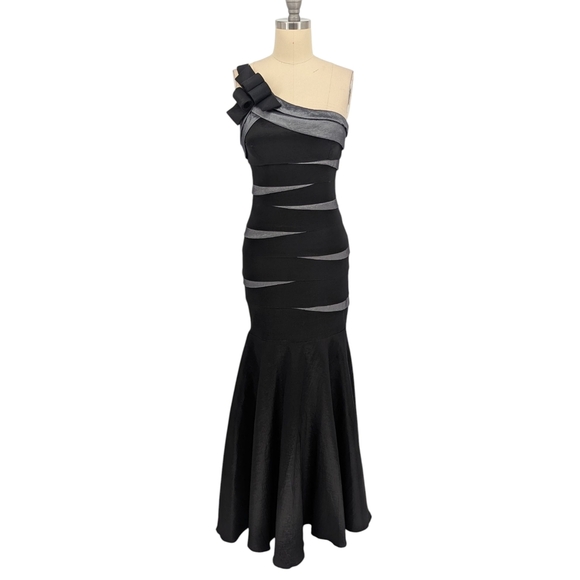 01590 Cache One Shoulder Mermaid Dress Black size 4 evening formal vintage - Picture 1 of 8